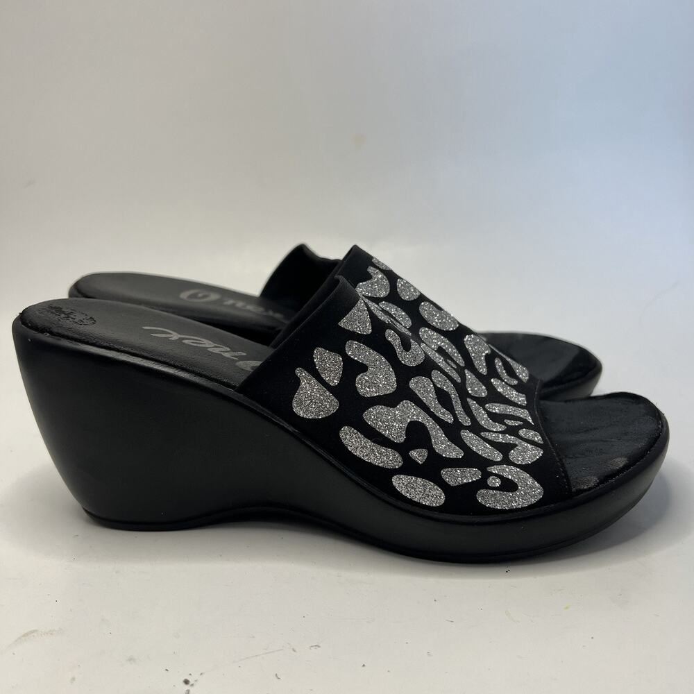 Onex Women's Wedge Sandals Black Sparkly Silver Animal Print Wedge Size 7 (37) - Picture 5 of 13